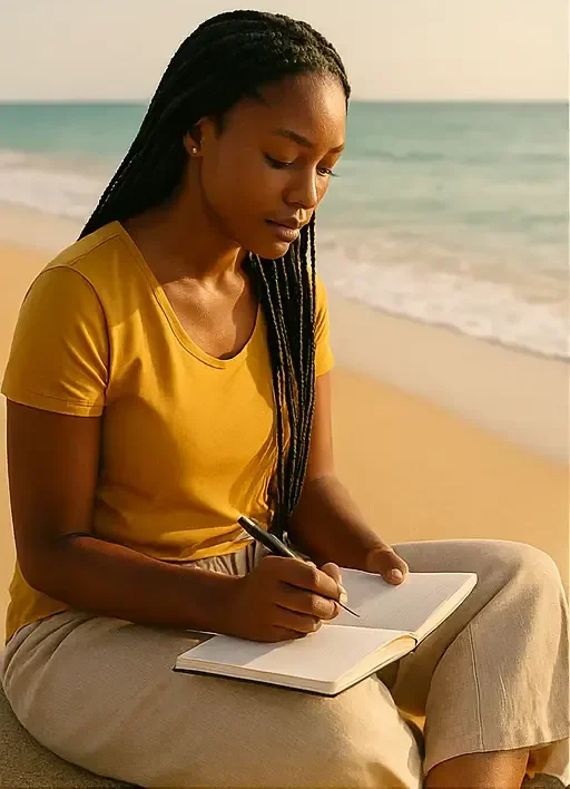 A person sits on a sandy beach with gentle waves in the background, writing in a notebook with a pen. The atmosphere is serene and reflective